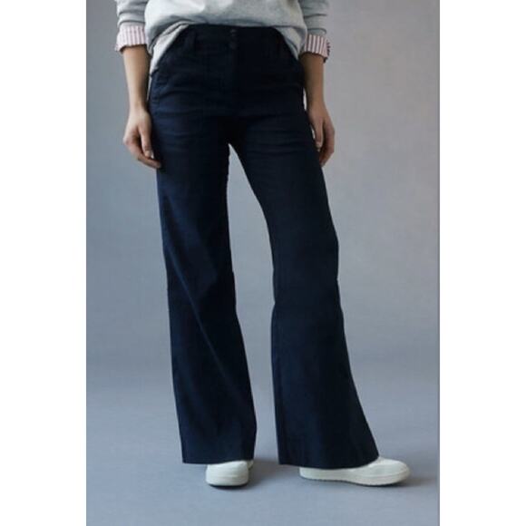 Anthropologie Maeve The Naomi Wide Leg Flare Pants 4 Navy Boho Office Preppy